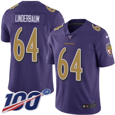 Ravens #64 Tyler Linderbaum Purple Men's Stitched NFL Limited Rush 100th Season Jersey