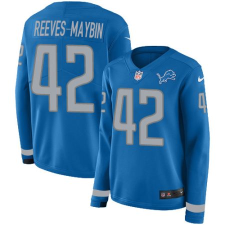 lions #42 jalen reeves-maybin blue team color women's stitched nfl limited therma long sleeve elite jersey