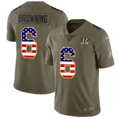 bengals #6 jake browning olive/usa flag men's stitched nfl limited 2017 salute to service elite jersey