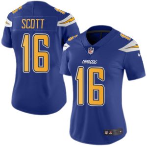 chargers #16 j.k. scott electric blue women's stitched nfl limited rush elite jersey