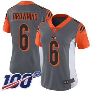 Bengals #6 Jake Browning Silver Women's Stitched NFL Limited Inverted Legend 100th Season Jersey