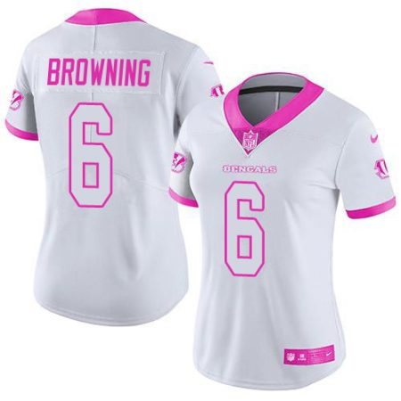 cheap Bengals #6 Jake Browning White/Pink Women's Stitched NFL Limited Rush Fashion Jersey