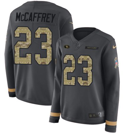 49ers #23 Christian McCaffrey Anthracite Salute to Service Women's Stitched NFL Limited Therma Long Sleeve Jersey