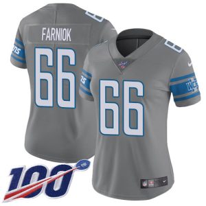 lions #66 matt farniok gray women's stitched nfl limited rush 100th season wholesale jersey