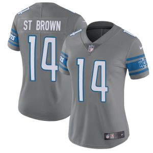 elite Lions #14 Amon-Ra St. Brown Gray Women's Stitched NFL Limited Rush Jersey