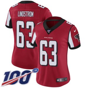 cheap Falcons #63 Chris Lindstrom Red Team Color Stitched Women's NFL 100th Season Vapor Untouchable Limited Jersey