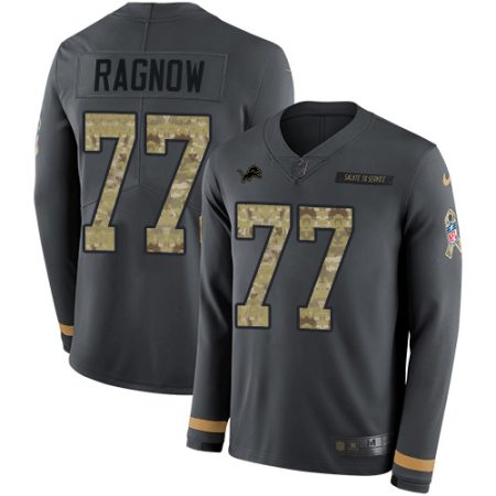 Lions #77 Frank Ragnow Anthracite Salute to Service Youth Stitched NFL Limited Therma Long Sleeve Jersey