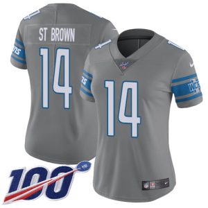 lions #14 amon-ra st. brown gray women's stitched nfl limited rush 100th season elite jersey