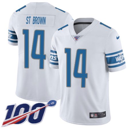 Lions #14 Amon-Ra St. Brown White Youth Stitched NFL 100th Season Vapor Untouchable Limited Jersey