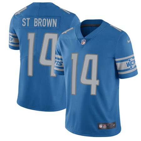 lions #14 amon-ra st. brown blue team color youth stitched nfl vapor untouchable limited elite jersey