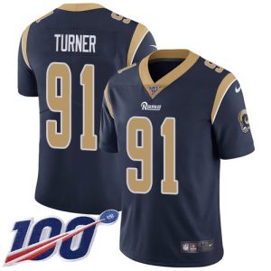 cheap Rams #91 Kobie Turner Navy Blue Team Color Men's Stitched NFL 100th Season Vapor Limited Jersey