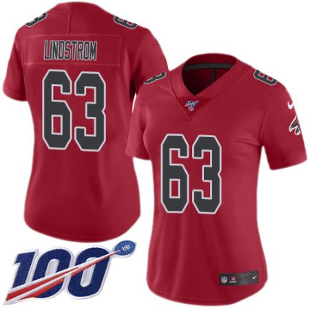 Falcons #63 Chris Lindstrom Red Stitched Women's NFL Limited Rush 100th Season Jersey