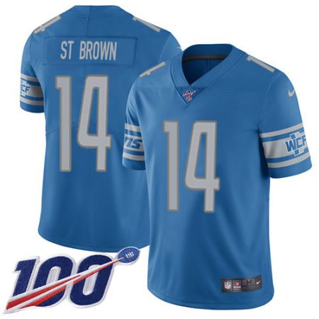 wholesale Lions #14 Amon-Ra St. Brown Blue Team Color Youth Stitched NFL 100th Season Vapor Untouchable Limited Jersey