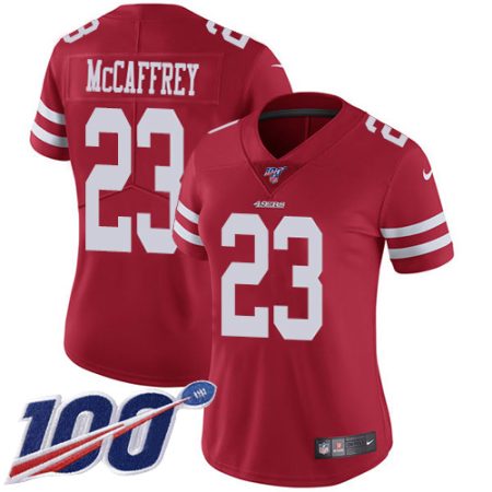 49ers #23 Christian McCaffrey Red Team Color Women's Stitched NFL 100th Season Vapor Limited Jersey