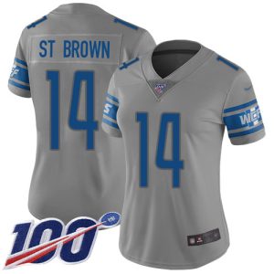 Lions #14 Amon-Ra St. Brown Gray Women's Stitched NFL Limited Inverted Legend 100th Season Jersey