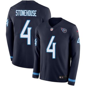 Titans #4 Ryan Stonehouse Navy Blue Team Color Youth Stitched NFL Limited Therma Long Sleeve Jersey