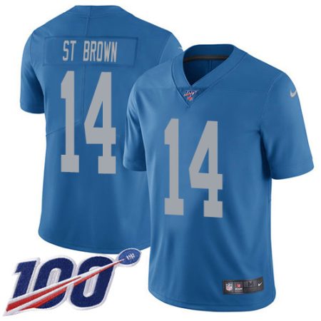 lions #14 amon-ra st. brown blue throwback youth stitched nfl 100th season vapor untouchable limited elite jersey