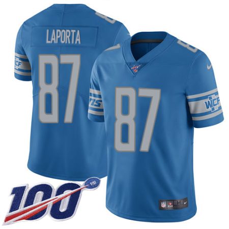 Lions #87 Sam LaPorta Blue Team Color Youth Stitched NFL 100th Season Vapor Untouchable Limited Jersey