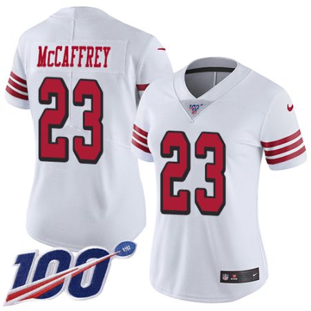 49ers #23 christian mccaffrey white rush women's stitched nfl limited 100th season elite jersey