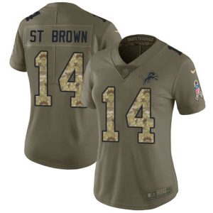 Lions #14 Amon-Ra St. Brown Olive/Camo Women's Stitched NFL Limited 2017 Salute To Service Jersey