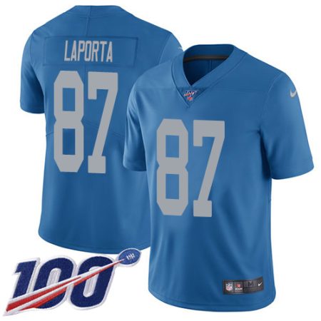 Lions #87 Sam LaPorta Blue Throwback Youth Stitched NFL 100th Season Vapor Untouchable Limited Jersey