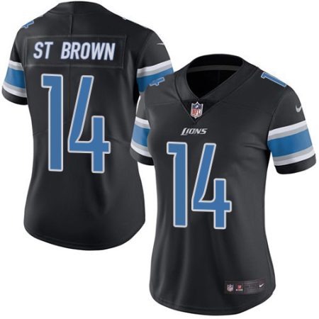 lions #14 amon-ra st. brown black women's stitched nfl limited rush wholesale jersey