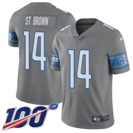 lions #14 amon-ra st. brown gray youth stitched nfl limited rush 100th season wholesale jersey