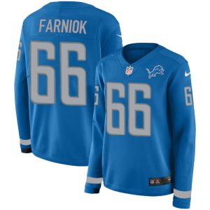 Lions #66 Matt Farniok Blue Team Color Women's Stitched NFL Limited Therma Long Sleeve Jersey