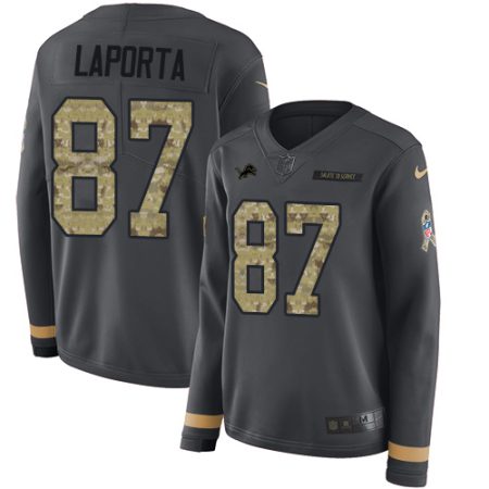 Lions #87 Sam LaPorta Anthracite Salute to Service Women's Stitched NFL Limited Therma Long Sleeve Jersey