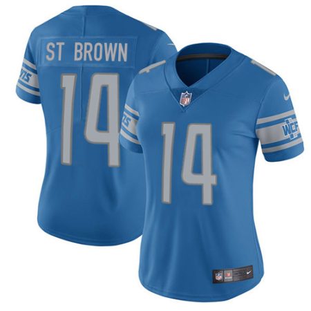 Lions #14 Amon-Ra St. Brown Blue Team Color Women's Stitched NFL Vapor Untouchable Limited Jersey