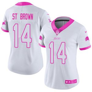 wholesale Lions #14 Amon-Ra St. Brown White/Pink Women's Stitched NFL Limited Rush Fashion Jersey