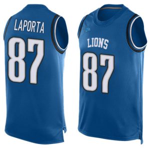 Lions #87 Sam LaPorta Blue Team Color Men's Stitched NFL Limited Tank Top Jersey