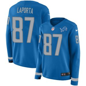 wholesale Lions #87 Sam LaPorta Blue Team Color Women's Stitched NFL Limited Therma Long Sleeve Jersey