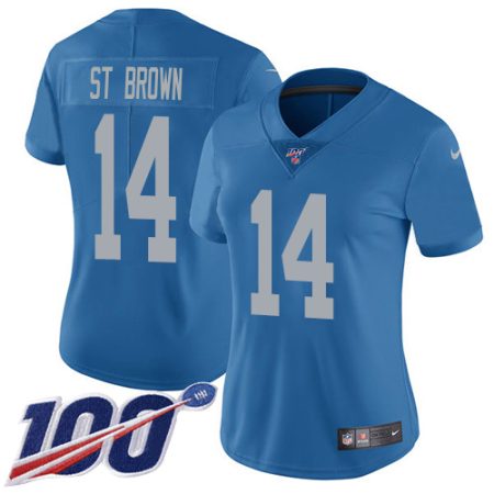 Lions #14 Amon-Ra St. Brown Blue Throwback Women's Stitched NFL 100th Season Vapor Untouchable Limited Jersey