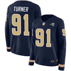 Rams #91 Kobie Turner Navy Blue Team Color Women's Stitched NFL Limited Therma Long Sleeve Jersey