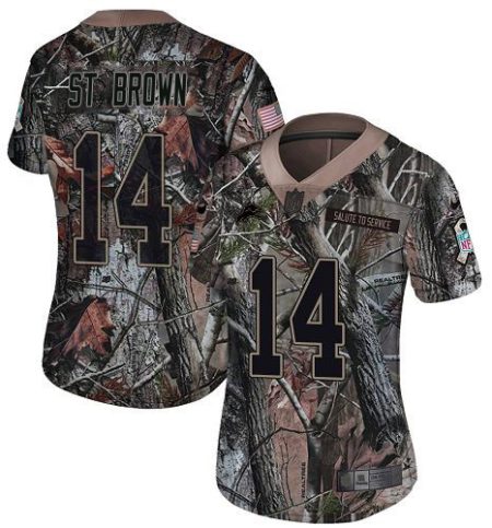 Lions #14 Amon-Ra St. Brown Camo Women's Stitched NFL Limited Rush Realtree Jersey