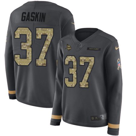 Vikings #37 Myles Gaskin Anthracite Salute to Service Women's Stitched NFL Limited Therma Long Sleeve Jersey