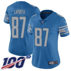 cheap Lions #87 Sam LaPorta Blue Team Color Women's Stitched NFL 100th Season Vapor Untouchable Limited Jersey